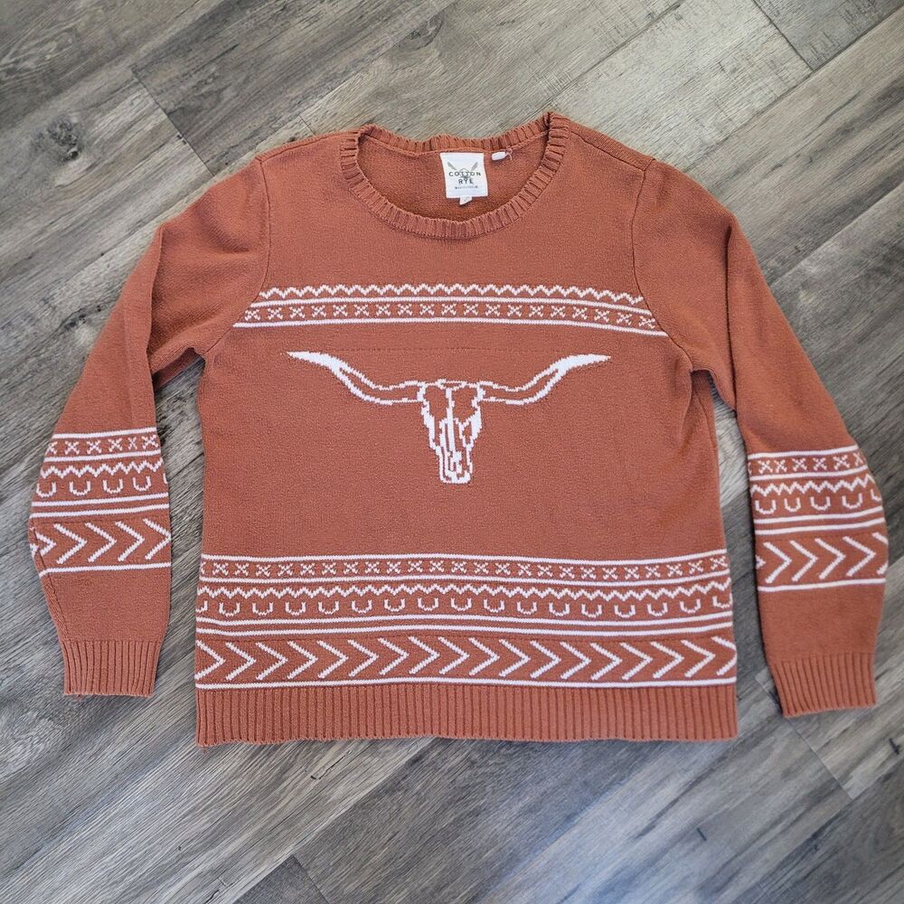 ROAM Cotton & Rye Cinnamon Orange Longhorn Layering Western Sweater Texas L
